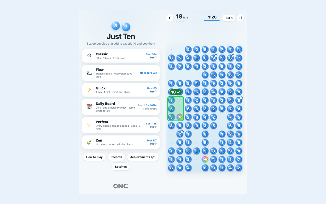 Two phone screens from the Just Ten development build in English: the mode list on the home screen, and a board of numbered bubbles with a boxed pair that makes 10